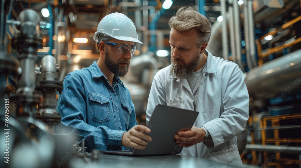 Two Service Engineers looking at laptop in work clothes at industry factory. Generative AI. Two Service Engineers looking at laptop in work clothes at industry factory. Generative AI.