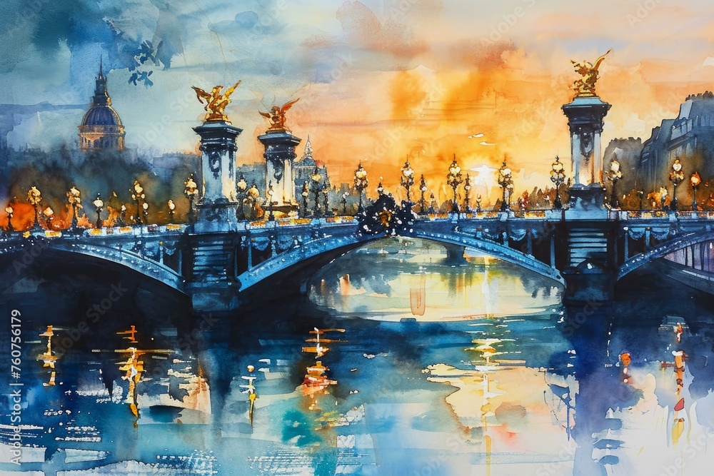 Fototapeta premium Picturesque Alexander bridge with river view watercolor. Architectural historical illuminated bridge in French capital. Generate ai