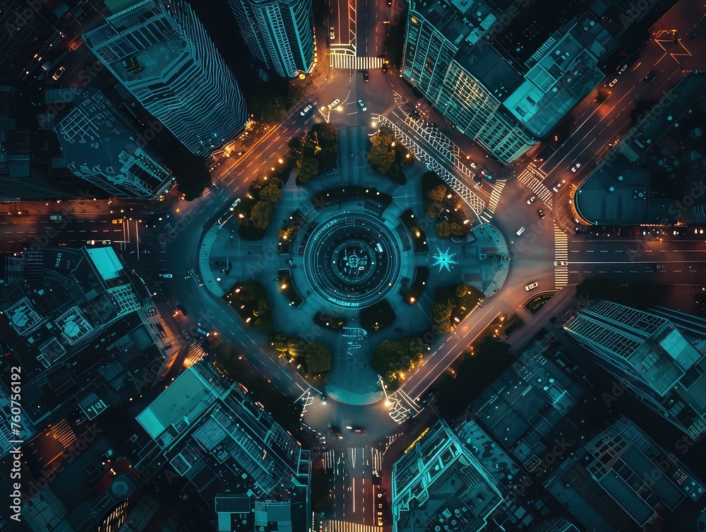 Aerial view of a Nighttime cityscapes, celestial wonders, rooftop telescopes, urban astronomy. 