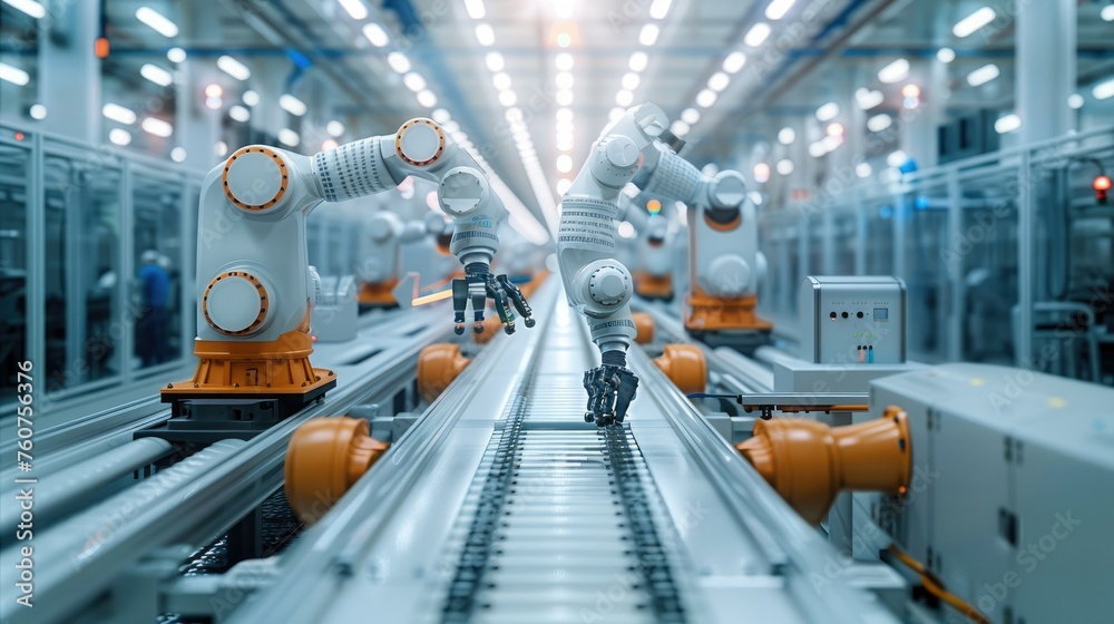A large manufacturing environment, industrial robots, white decor, machines, production line, future technology. Generative AI. A large manufacturing environment, industrial robots, white decor, machines, production line, future technology. Generative AI.