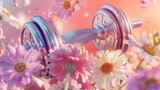 Metal dumbbell on background flowers and butterflies, Creative concept for a healthy lifestyle