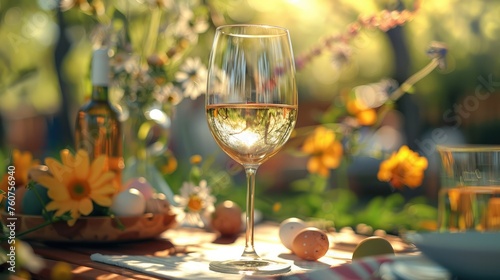 A modern wine glass on a easter breakfast table in a garden, easter themed. Generative AI.