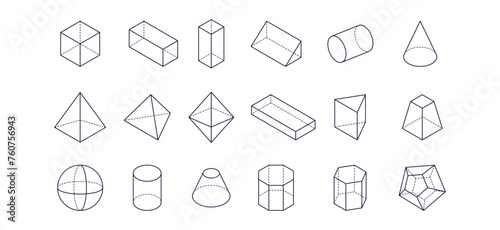Set of vector line icons of geometric shapes. Cube, sphere, cone, cylinder, pyramid and other 3d geometrical figures. Outline signs