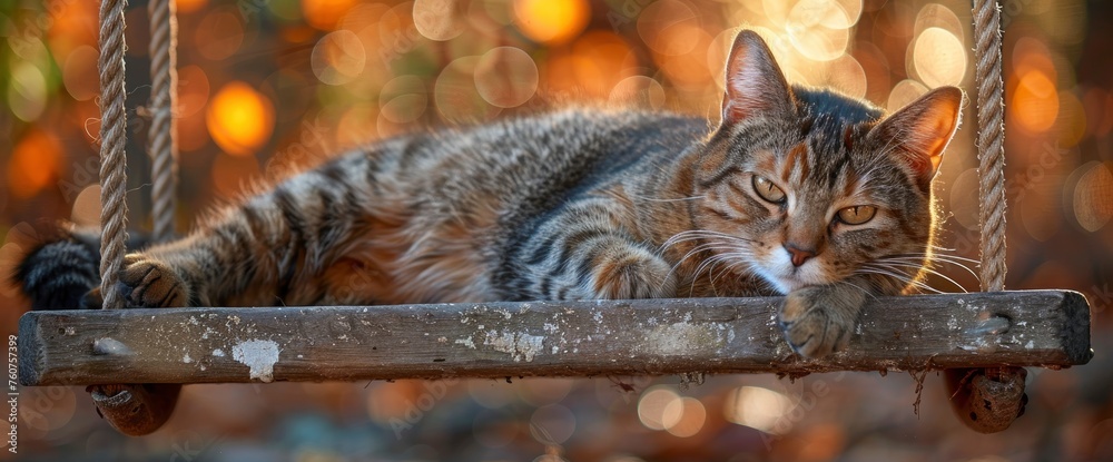 A contented tabby cat lounging on a sun-warmed porch swing, with a ...