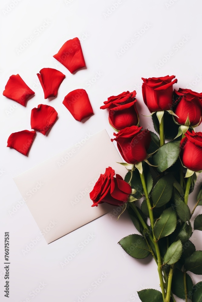 Minimalistic flat lay featuring red roses and a Valentines Day card AI generated illustration Minimalistic flat lay featuring red roses and a Valentines Day card AI generated illustration