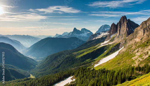 paysage panorama de montagne rocheuse avec une foret, une prairie, des arbres, du brouillard dans la vallée et un beau ciel bleu