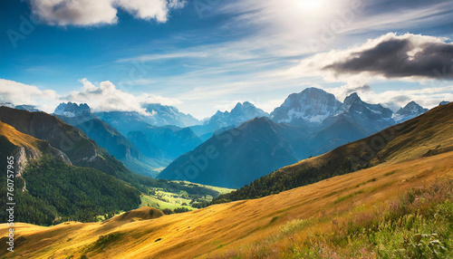 paysage panoramique de montagnes avec une grande prairie au premier plan, des forets de pins ou sapins, un beau ciel bleu ensoleillé avec quelques nuages