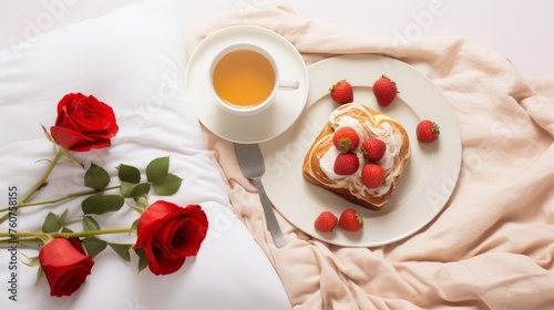 Simplistic design of a romantic Valentines breakfast in bed flat lay view AI generated illustration