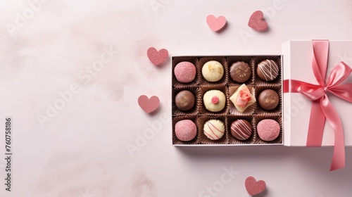 Simplistic sweets gift box assortment for Valentines Day in a flat lay  AI generated illustration