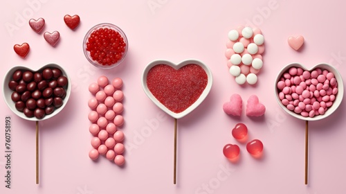 Simplistic themed Valentines Day candy arrangements in flat lay view  AI generated illustration