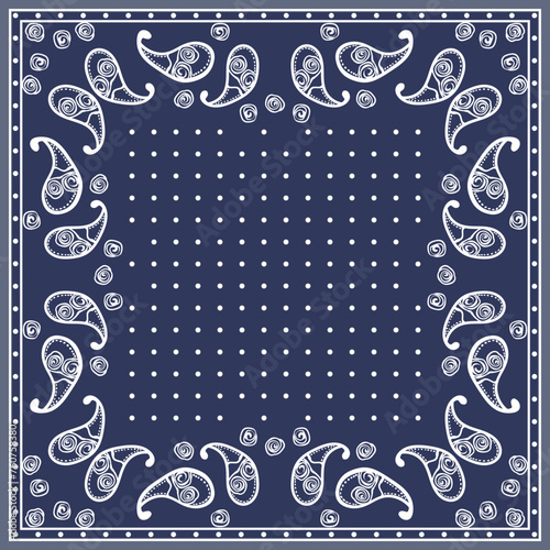 Print for kerchief, bandana, scarf, handkerchief, shawl, neck scarf. Squared pattern with ornament for fabric, textile, silk products. Paisley vector with abstract flowers. Floral folk tracery