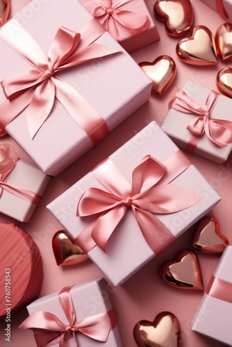 Wrapped Valentines Day presents in a flat lay design AI generated illustration