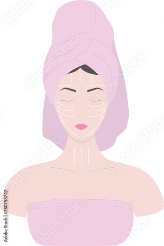 Female face with massage lines isolated in white background. Facial massage direction scheme