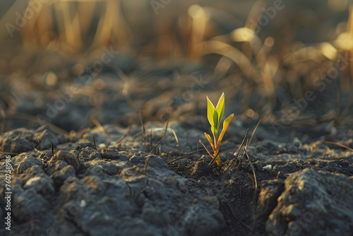 Close up of rising sprout on dry ground