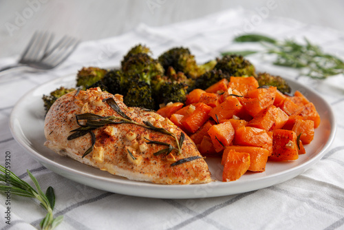 Homemade One Pan Chicken And Veggies on a Plate, low angle view.