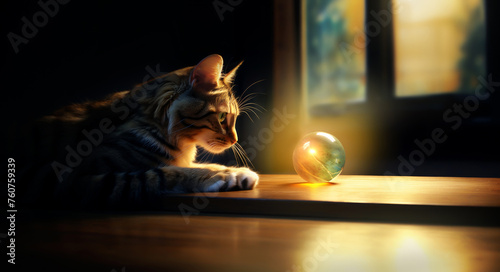 Close-up of a curious cat looking into a mystical crystal ball, suggesting a moment of wonder and curiosity about the future
