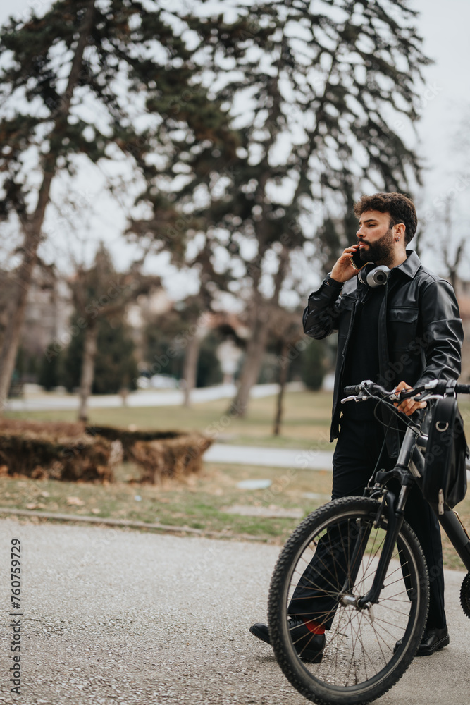 Stylish businessman checking his phone while standing with a bike outdoors, showcasing an active lifestyle and work balance.
