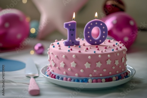 10. Geburtstag. pinker Geburtstagskuchen mit einer  10  aus Kerzen  festlicher Hintergrund