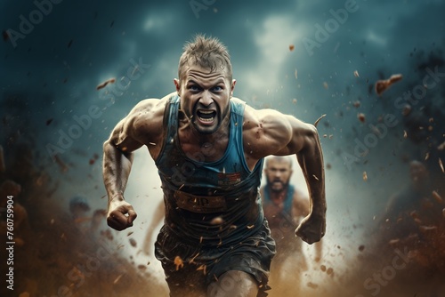 Man running fiercely through explosive background