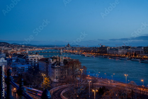 Budapest, Hungary - January 27, 2024: Areal view to the city downtown at early morning. Parliament, Danube on the background. Highway on the foreground.