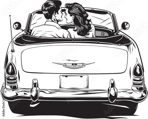 Rooftop Reverie Vector Design of Loving Couple in Convertible Car Sunset Silhouettes Iconic Emblem of Couples Back View in Convertible Car