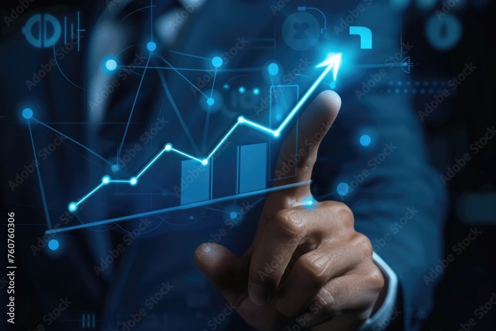 Businessman touching glowing upward arrow on virtual screen Businessman touching glowing upward arrow on virtual screen