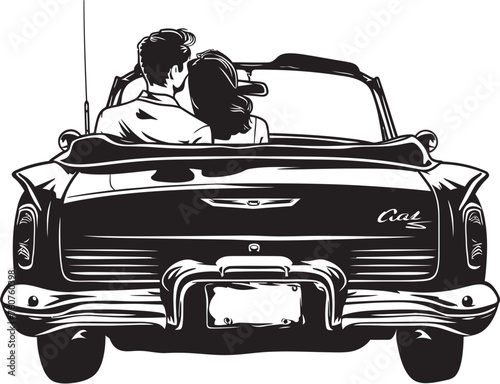 Cozy Convertible Vector Logo of Loving Couple in Car from Behind Open Air Love Emblematic Emblem of Couples Back View in Convertible