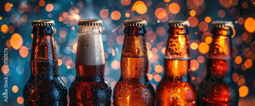 A festive display of beer bottles lined up against the backdrop of a dazzling fireworks show, each bottle glistening with condensation in the glow of the colorful explosions, Wallpaper Pictures, Backg