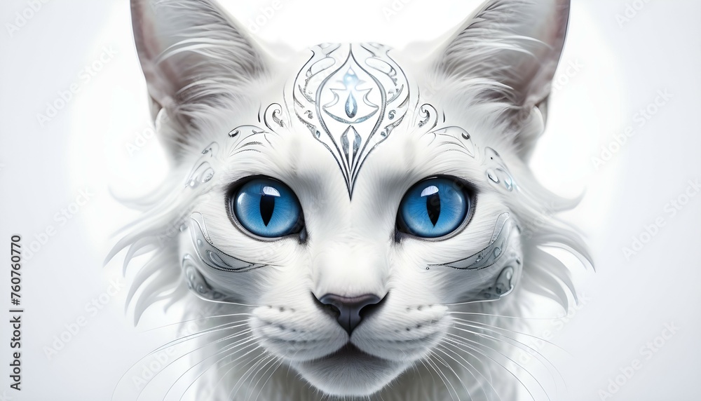 on white background, underwater photography, long exposure, a graceful elegant smiley white and black cosmic mystic cat face portrait facing front, Blue eyes. Front view. front portrait, no angle. car