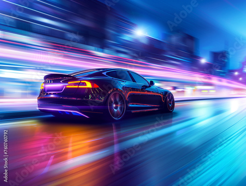 Modern electric car on the outskirts of town at night - A motion blur photo fast car © ICHI-E