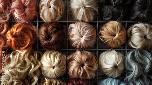 Plakat Various wigs make in a random box. top view. Generative AI.