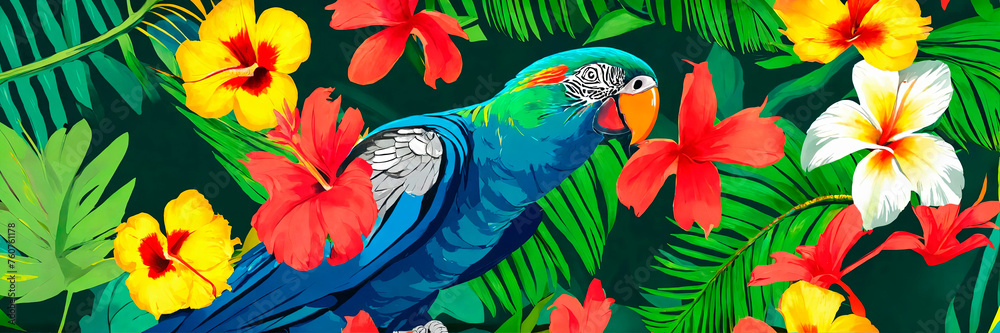 Obraz premium A vivid blue big parrot amidst a burst of tropical flowers, a lively and colorful scene.
