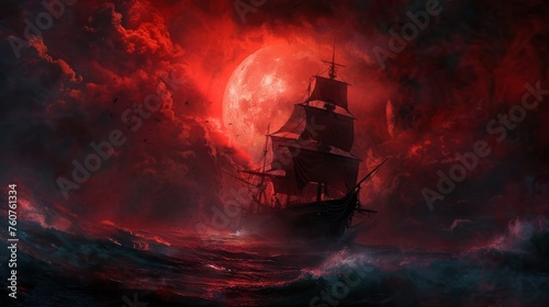 Flying Dutchman sailing under a blood-red moon, tattered sails billowing, surrounded by a swirling, spectral maelstrom photo