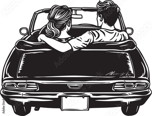 Backseat Bliss Vector Design of Couple in Convertible Car Roadside Romance Iconic Emblem of Couples Back View in Convertible