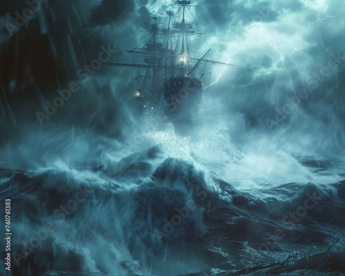 Ghostly Flying Dutchman rising from the ocean depths, phantom lights flickering, in a stormy sea with towering waves