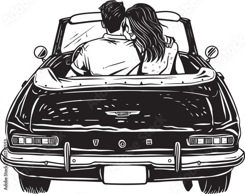 Convertible Canoodling Vector Design of Loving Couple in Convertible Car Rooftop Reverie Iconic Logo of Couple in Convertible Car from Behind