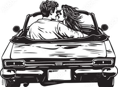 Backseat Love Iconic Emblem of Couple in Convertible Car from Behind Windy Embrace Vector Representation of Couple in Convertible Car