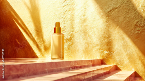 Luxury Golden Cosmetic Spray Bottle on Textured Yellow Background with shadows. Cosmetic bottle on stone podium. Presentanion of organic SPA cosmetical product. photo