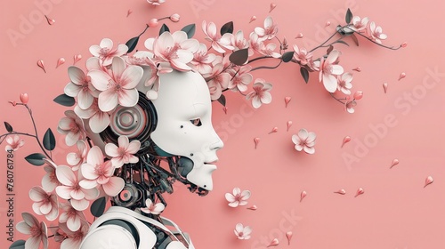 Biały nowoczesny robot z kwiatami we włosach jest przedstawiona na różowym tle. Pokaz uczuć i łagodności.