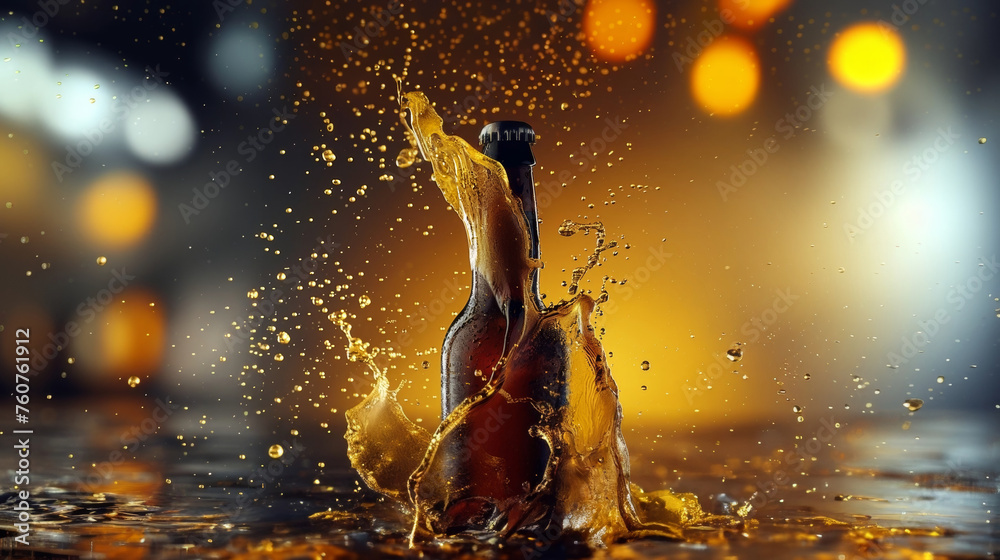 A bottle of beer has been captured at the moment of a high-energy splash, with liquid bursting forth from the bottleneck in a dynamic spray - obrazy, fototapety, plakaty 