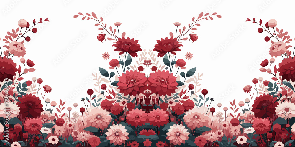 Fototapeta premium Seamless border with red flowers and leaves, decorative floral background, Vector illustration, generative ai