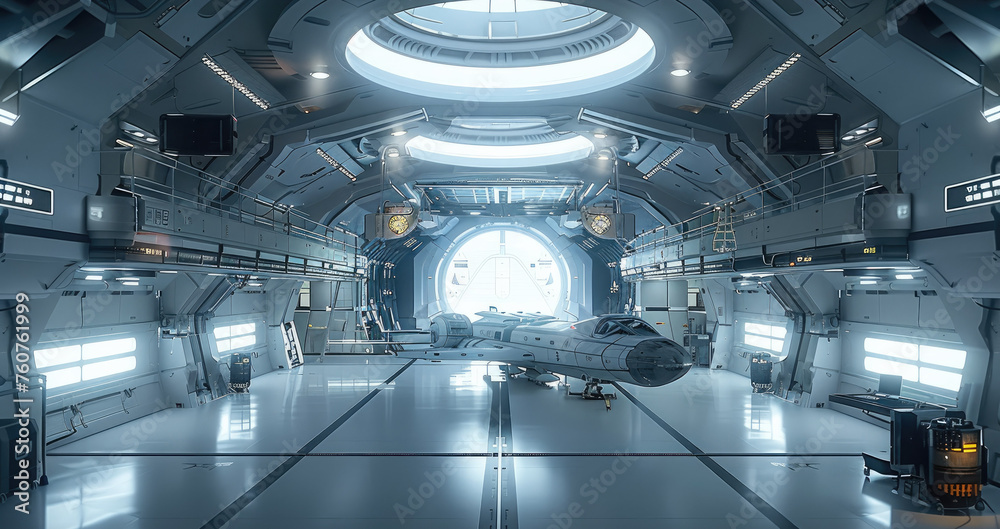 A large hangar on the space station. The hangar has two floors and houses one spaceship. Generative AI. A large hangar on the space station. The hangar has two floors and houses one spaceship. Generative AI.