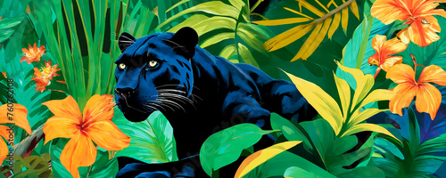 black panther stealthily moving through a lush tropical jungle, surrounded by vivid flowers and rich green foliage. Ideal for themes of nature, wilderness, and rare beauty.