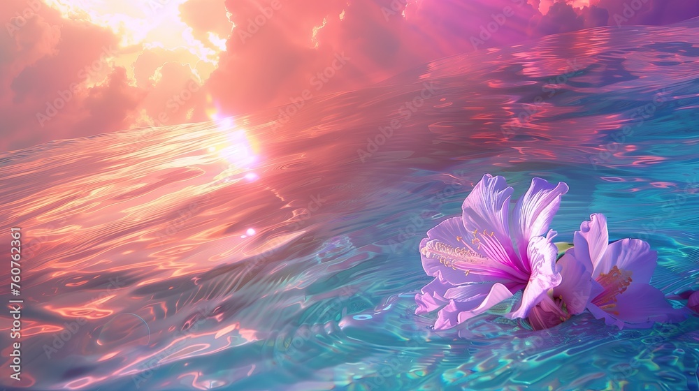 Różowy urodziwy kwiat spokojnie pływający na wodzie - obrazy, fototapety, plakaty 