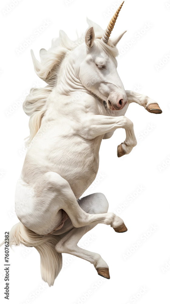 A white unicorn is lying and sleeping on the ground isolated on white or transparent background, png clipart, design element. Easy to place on any other background.