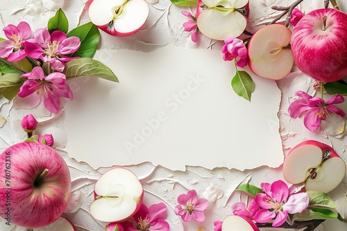 A white blank card with pink flowers and apples on it