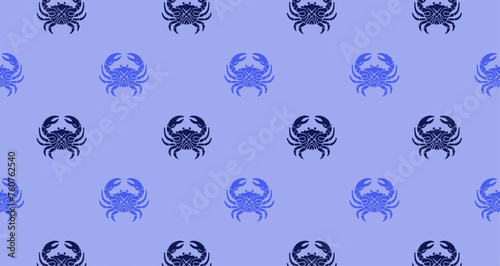 Seamless crab pattern on purple background. Marine life concept for textile, wallpaper, and summer-themed design.