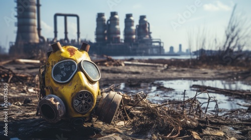 Abandoned gas mask on a blurred background of a destroyed nuclear power plant