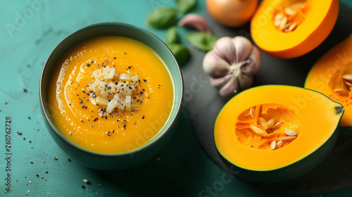 Pumpkin soup with onions and peppers in a green hue