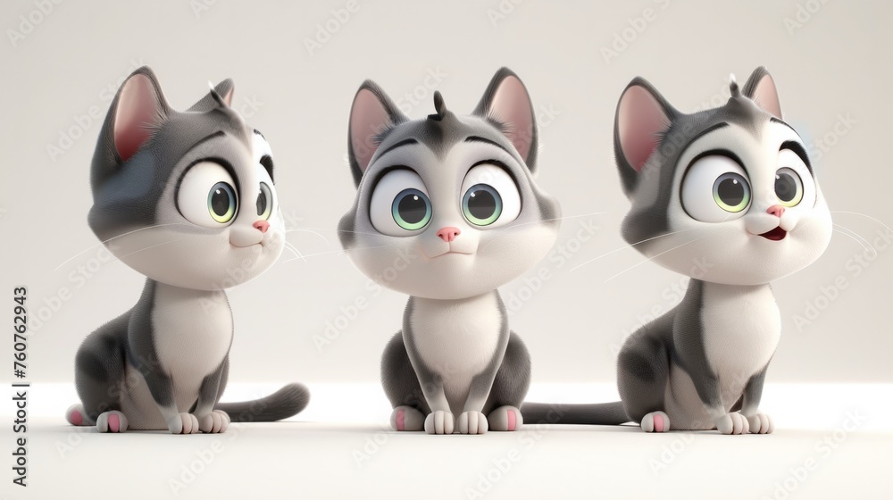 animation of three beautiful and tender kittens generative ai
